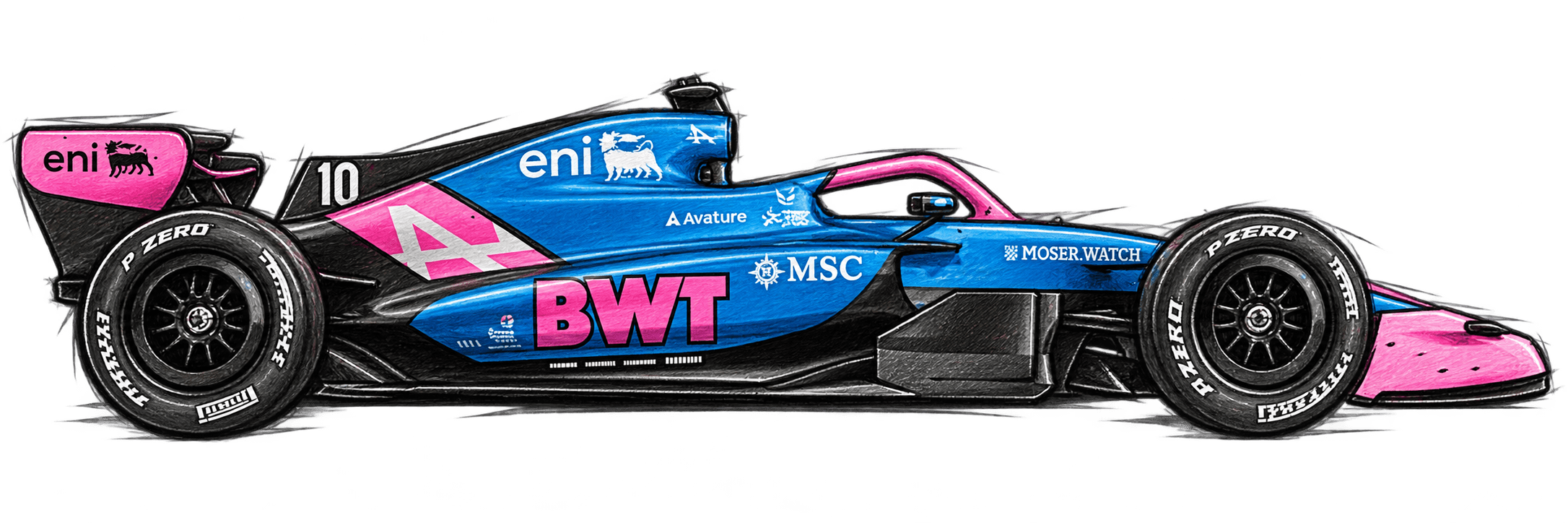 Coloured-pencil sketch of the Alpine 2026 Formula 1 car