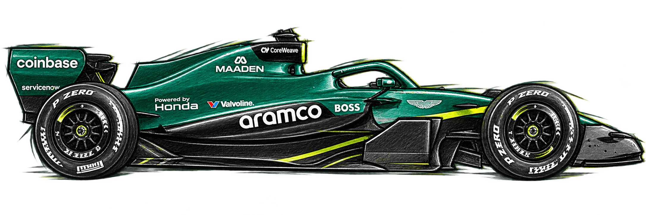 Coloured-pencil sketch of the Aston Martin 2026 Formula 1 car