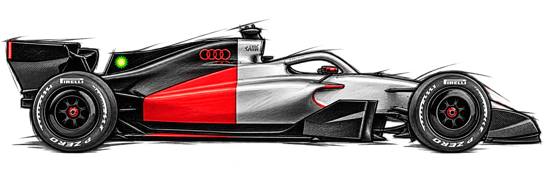 Coloured-pencil sketch of the Audi 2026 Formula 1 car