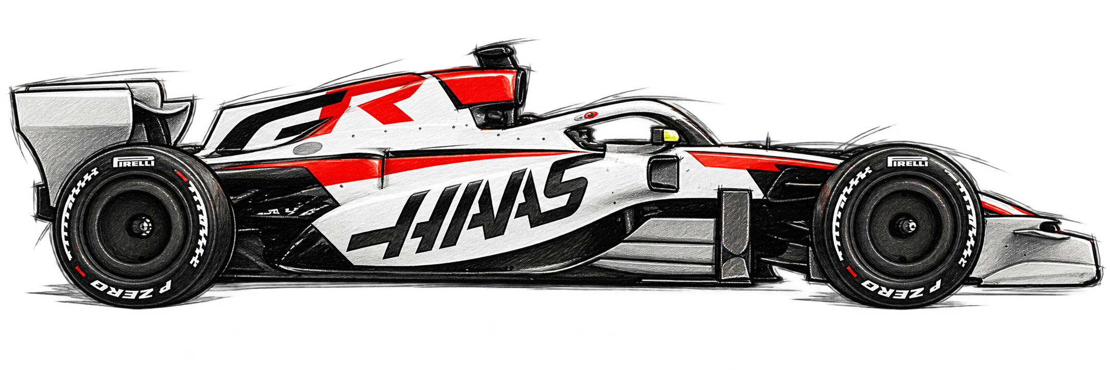 Coloured-pencil sketch of the Haas 2026 Formula 1 car