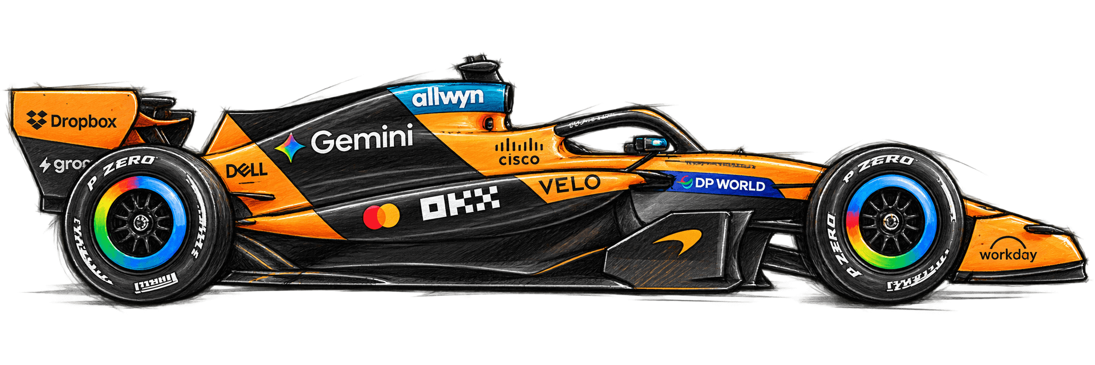 Coloured-pencil sketch of the McLaren 2026 Formula 1 car
