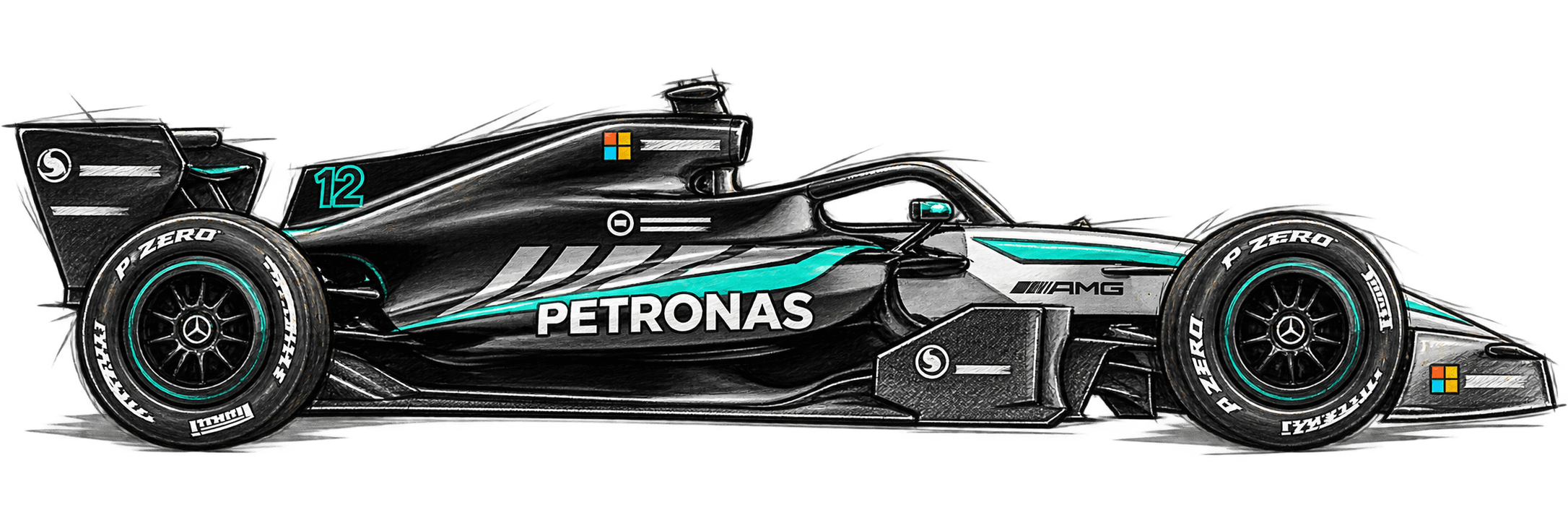Coloured-pencil sketch of the Mercedes 2026 Formula 1 car