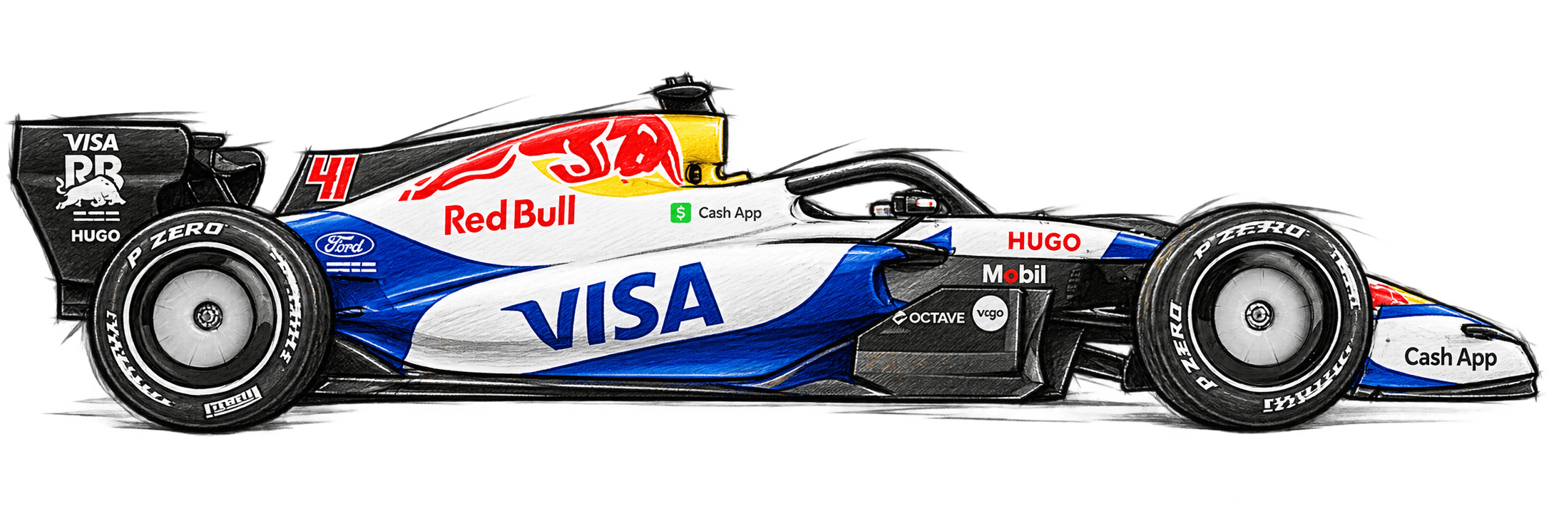 Coloured-pencil sketch of the Racing Bulls 2026 Formula 1 car