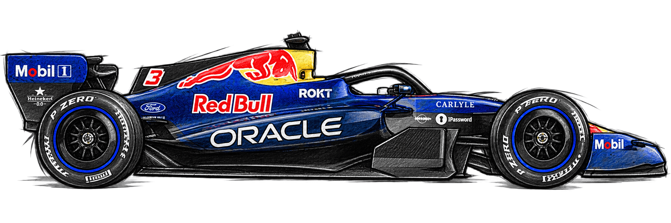 Coloured-pencil sketch of the Red Bull Racing 2026 Formula 1 car