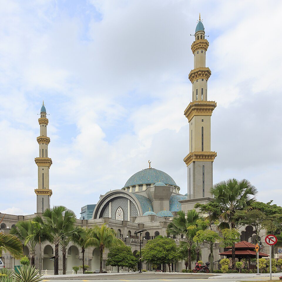 Domes and minarets of the Federal Territory Mosque in Kuala Lumpur.