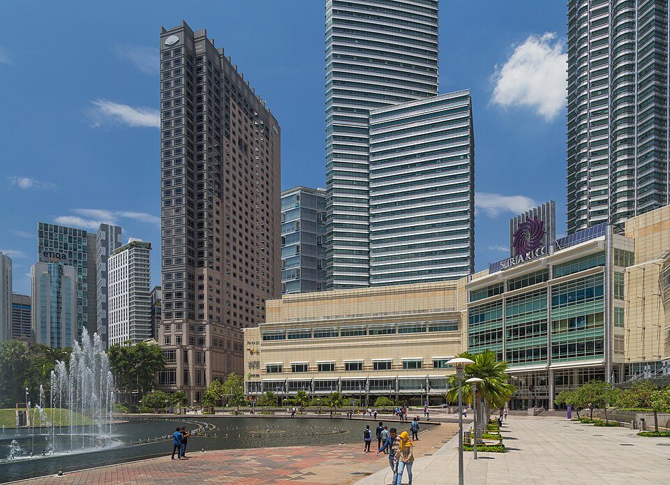 Suria KLCC viewed from the park and lake outside.