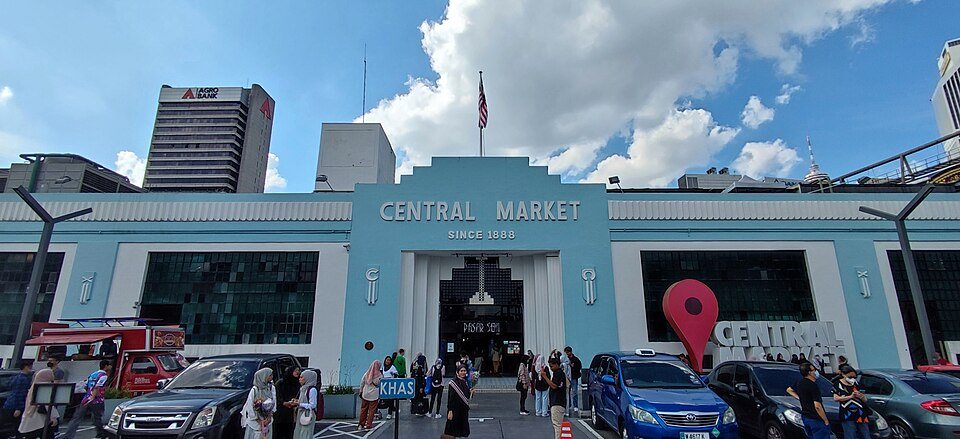 The turquoise Art Deco entrance of Central Market, also known as Pasar Seni.